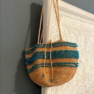 J Crew Woven Straw Tote with Blue Accents